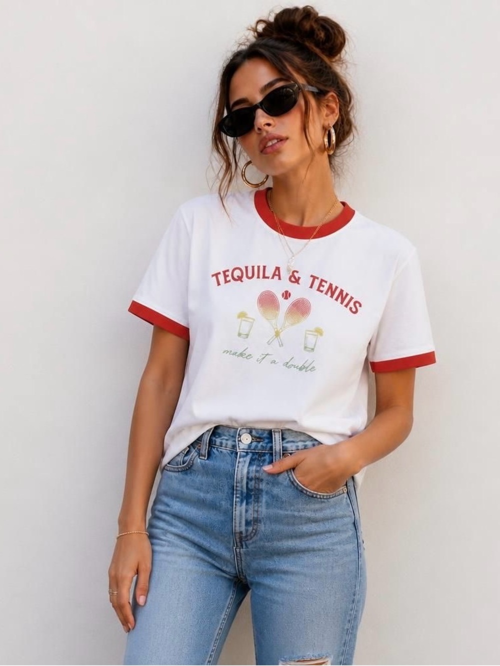 Wildfox White Ringer Tee with Red Trim & Tennis Graphic
